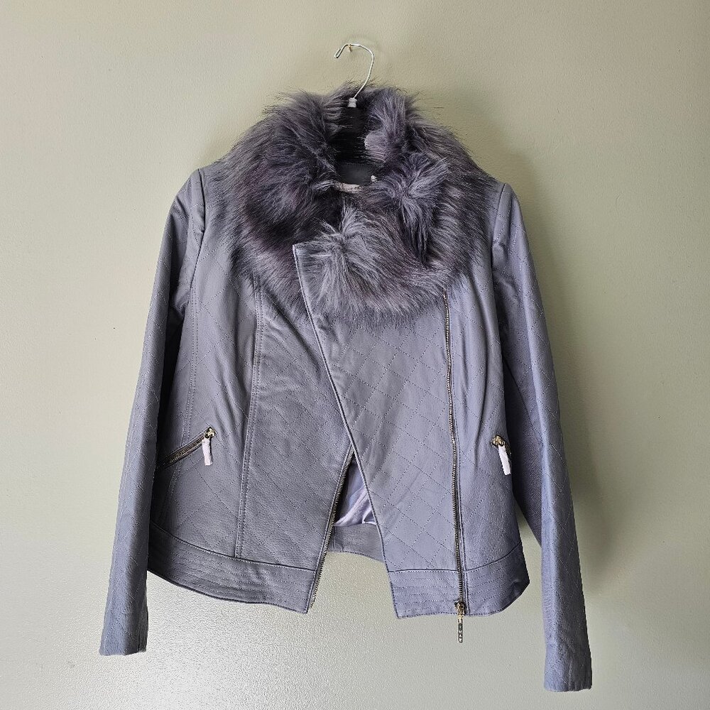 New Iman Leather Coat and Removable Faux Fur Trim Size  M
